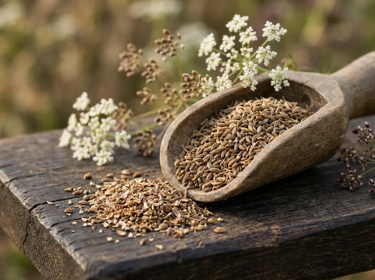 Whole ripe anise seed in a wooden scoop beside a coarse-cracked sample